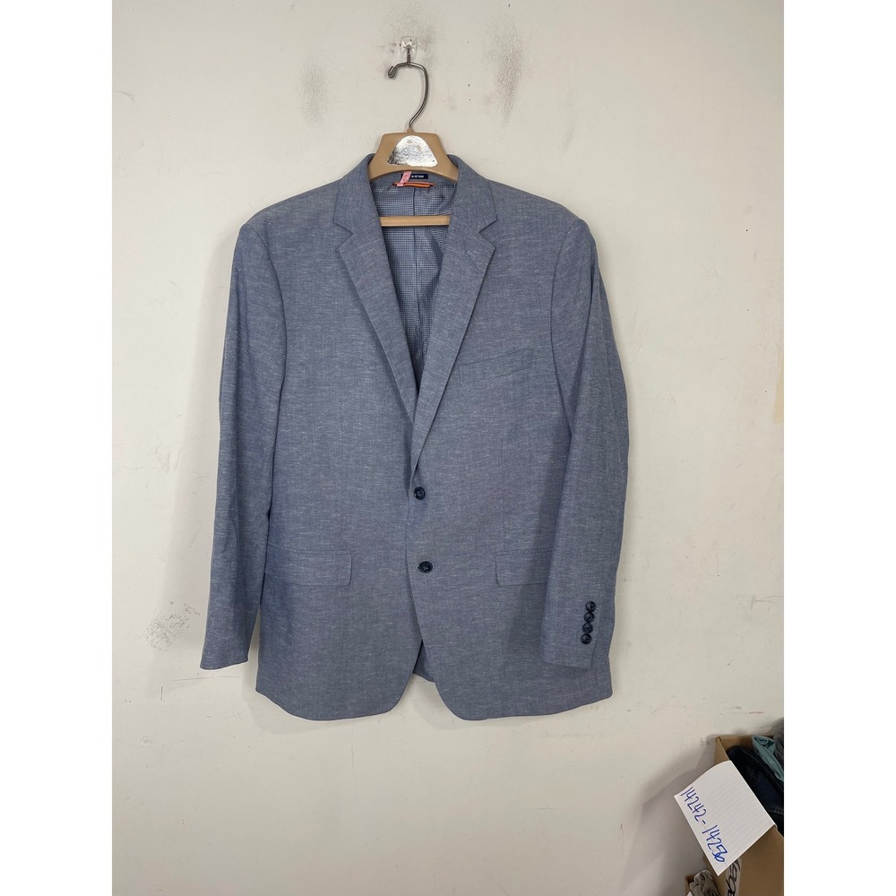Crown & Ivy Men 46R Blue Linen Blend Two Button Sport Coat Blazer Gingham Lining